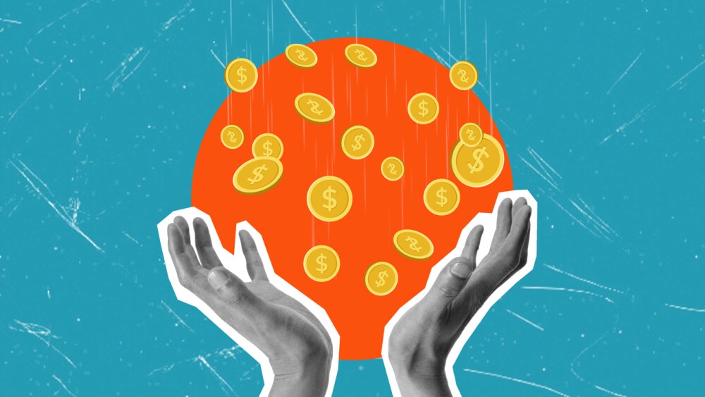 Art collage, hands and falling coins in orange circle. Modern design of finance and business.