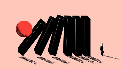 Conceptual business illustration of upcoming business problem metaphor with falling domino and businessman silhouette. Minimalistic vector eps 10 illustration