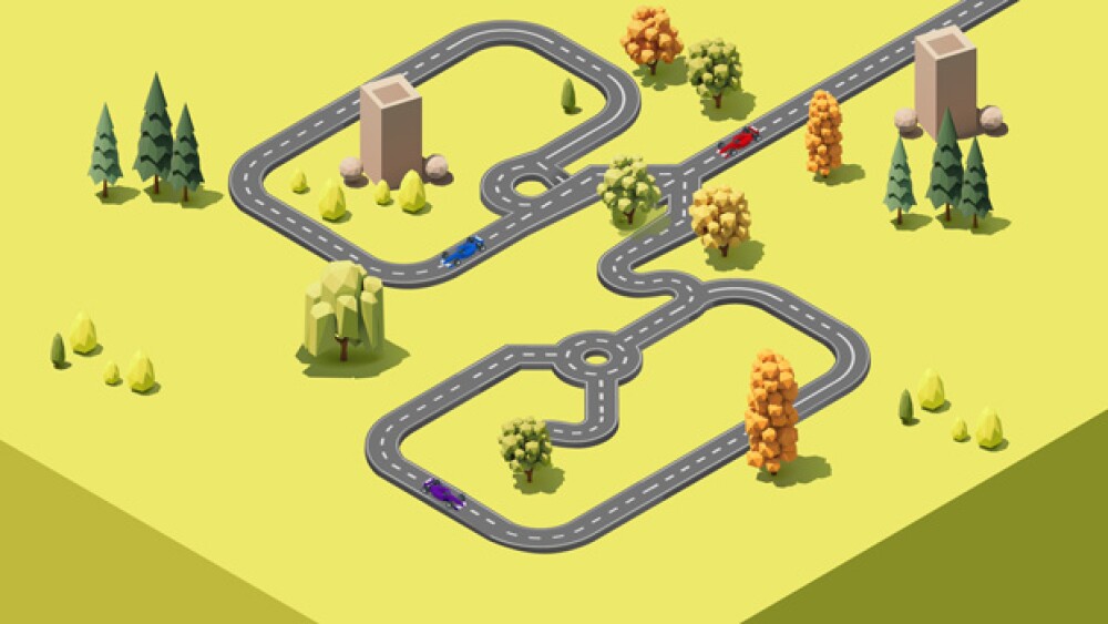 Pictured: A red, blue and purple racecar zip aroun