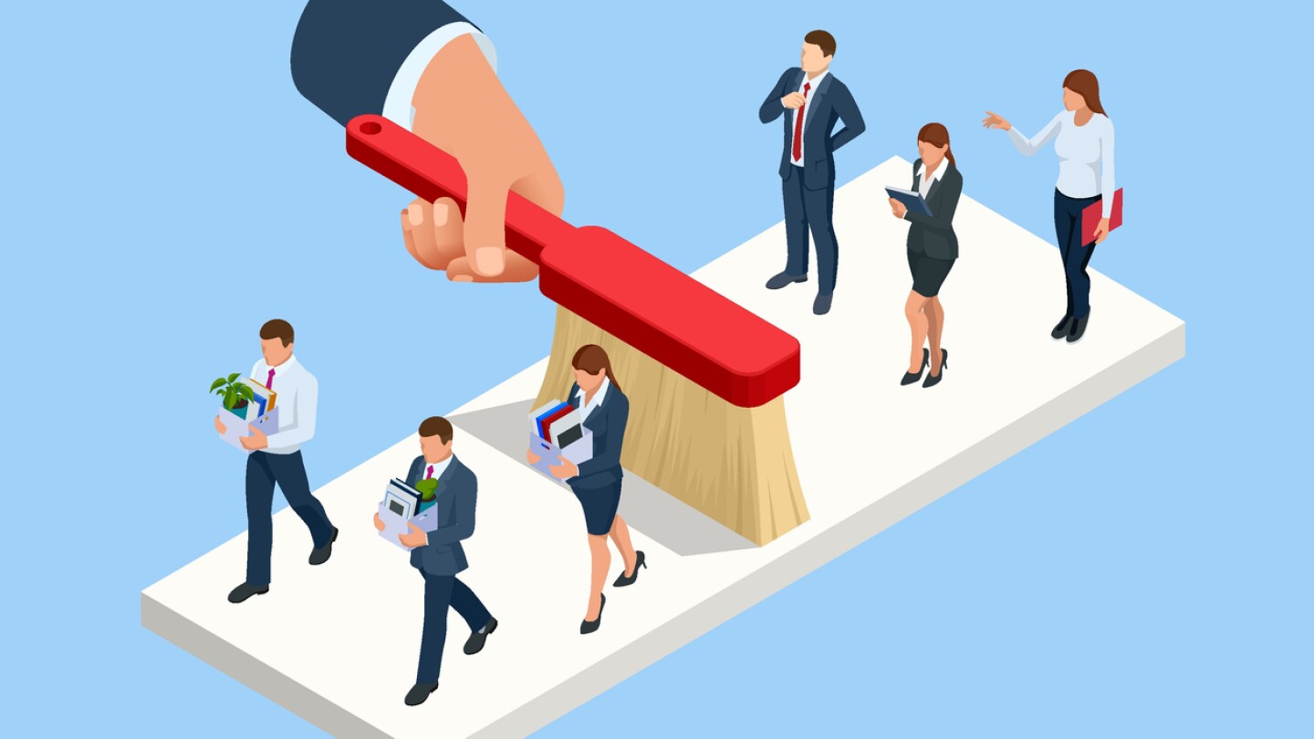Illustration showing hand sweeping out half of employees