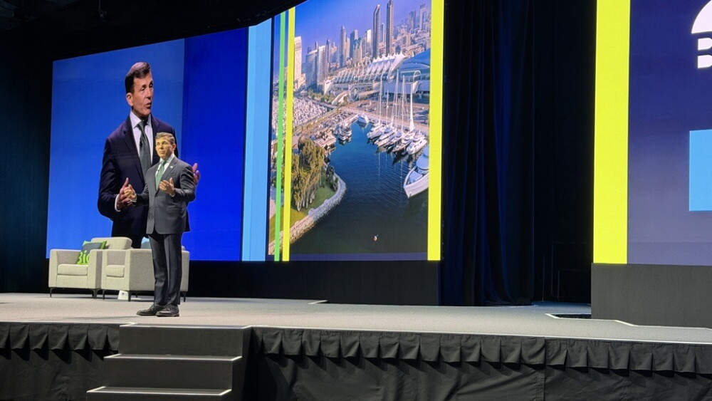 John Crowley, President and CEO of the Biotechnology Innovation Organization (BIO), on the main stage at the 2026 BIO International Convention in San Diego