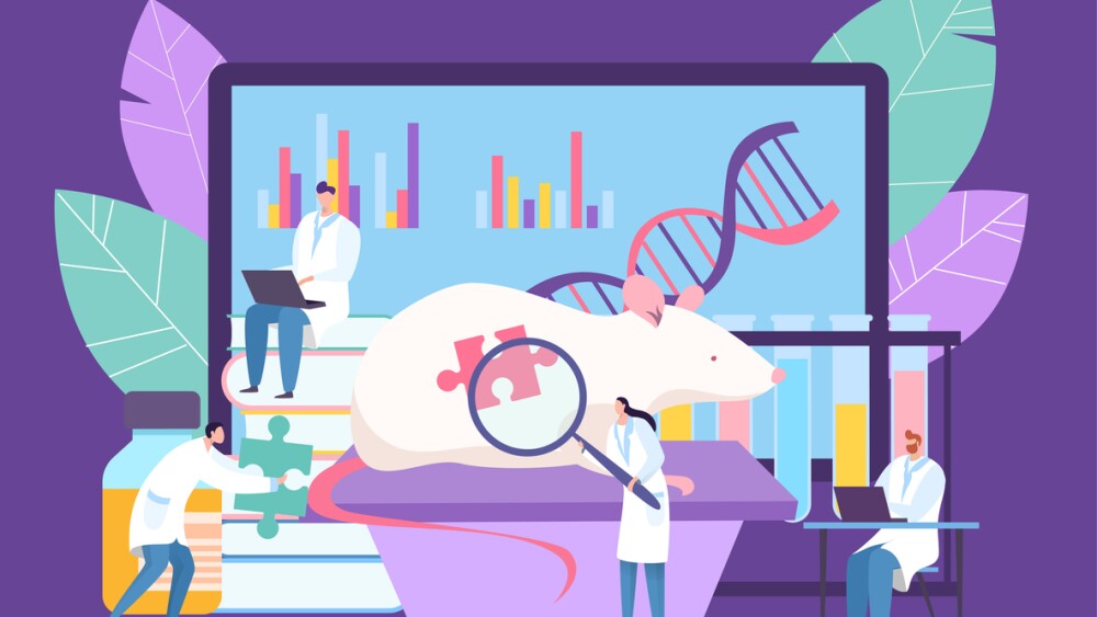 Bilogical genetic engineering research at laboratory, vector illustration. Doctor conduct experiment with mouse, study dna genes. Scientist near large animal and screen with work analysis.