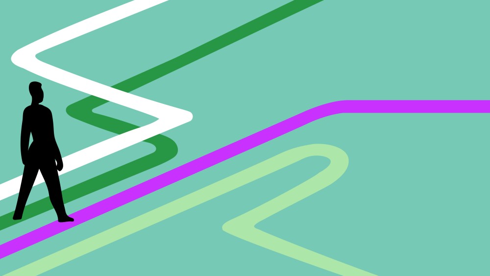 Man making decision what path, direction to take. Arrows pointing in different directions