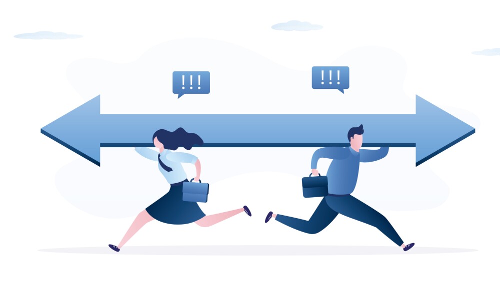Business partners run with big arrow in different directions. Conflict, choice right way business development. Team leadership competition. Quarrel, battle and problems. Flat vector illustration