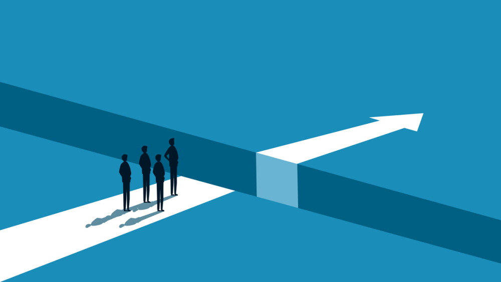Illustration of businesspeople with forward progress stopped because of chasm between them and arrow pointing forward