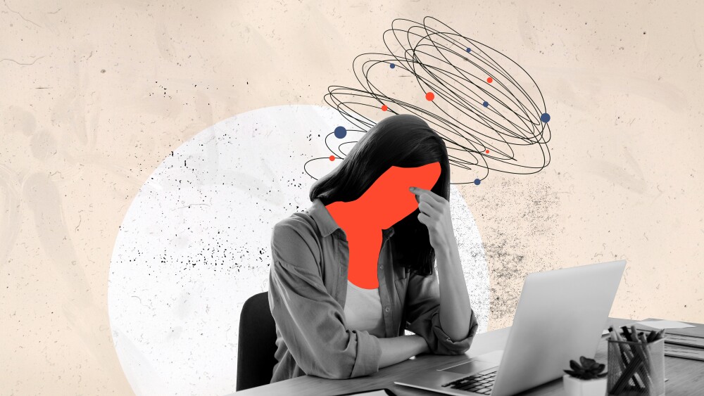 Trend artwork 3D photo collage sketch image of young sad stressed lady with headache burnout deadline overloaded tired work in office.