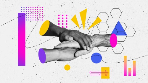 Composite image montage trend artwork 3D collage of gesture finger hand body language symbol partnership together unity team support.