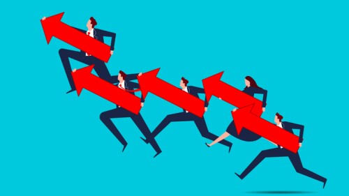 The journey forward, the successful forward progress and advancement of a business or profession, the achievement of success or the attainment of a goal, a group of businessmen running forward with arrows in their hands