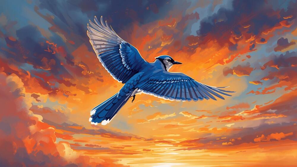 Illustration of a blue jay flying away into the sunset