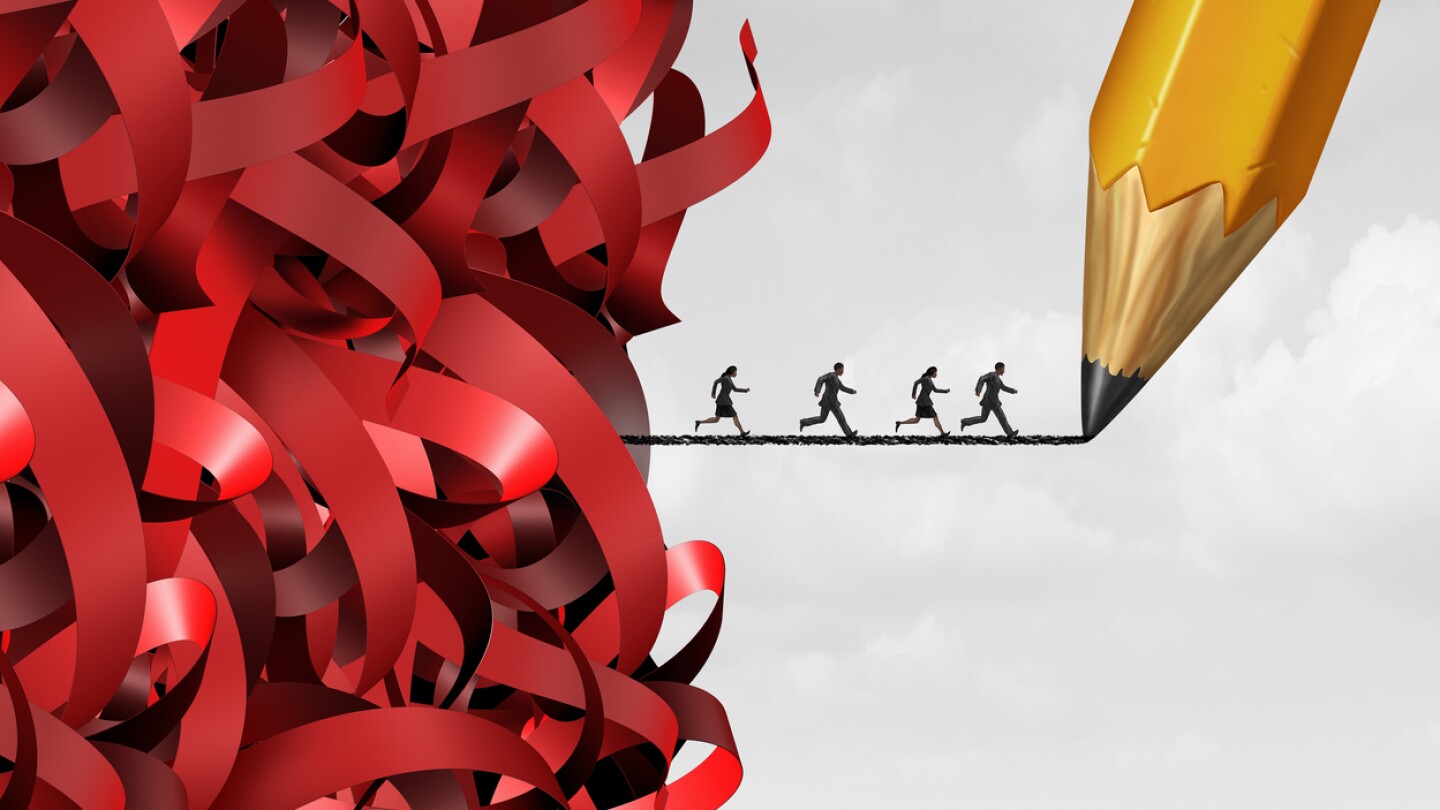 Bureaucracy and administration management success with a group of tangled red tape and people running away on a pencil drawing line as a bureaucratic solution symbol with 3D illustration elements.