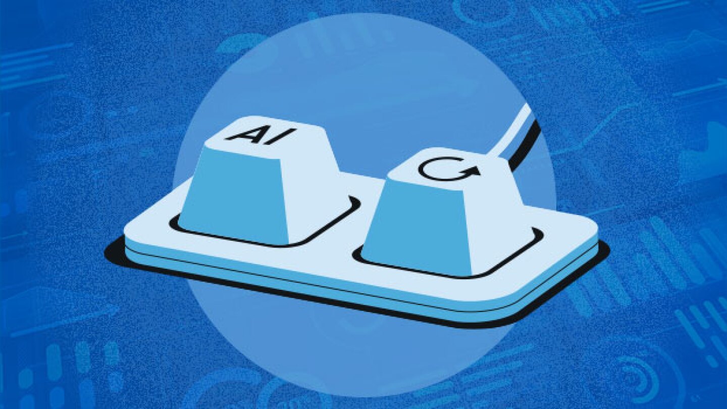 Computer keys with "AI" and refresh symbol over data background