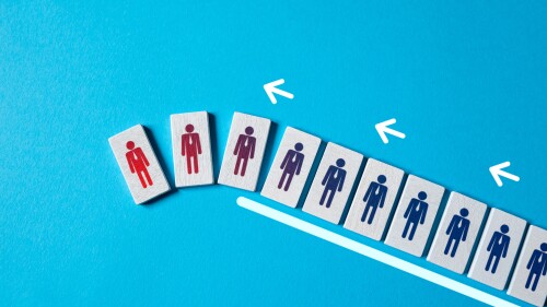 Concept art for large layoffs showing a line of blocks a cliff