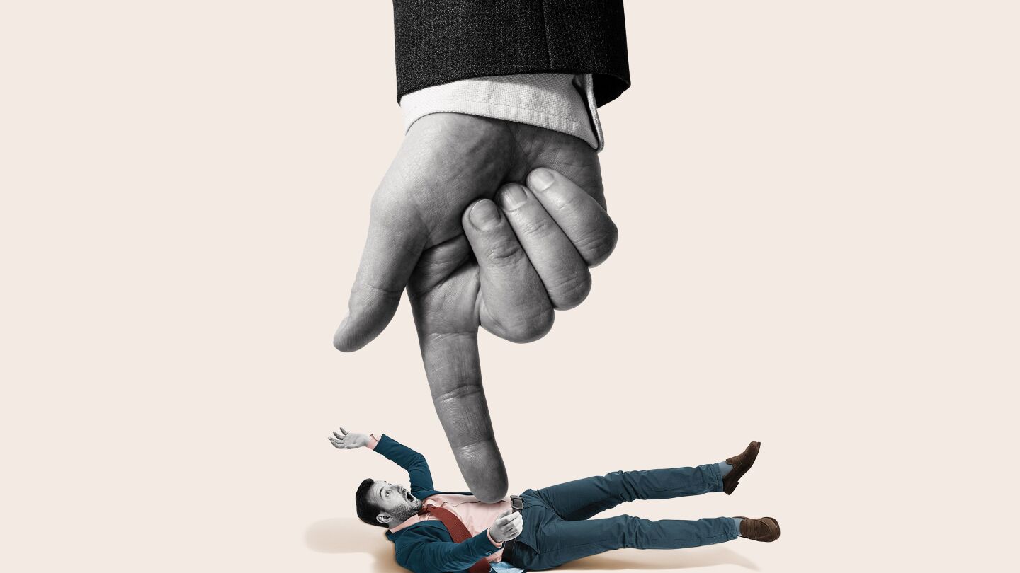 A finger presses down on a businessman. Art collage.