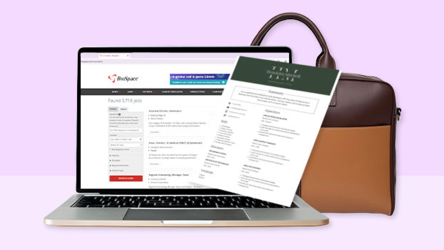 Pictured: Collage of laptop with job search, resume and briefcase