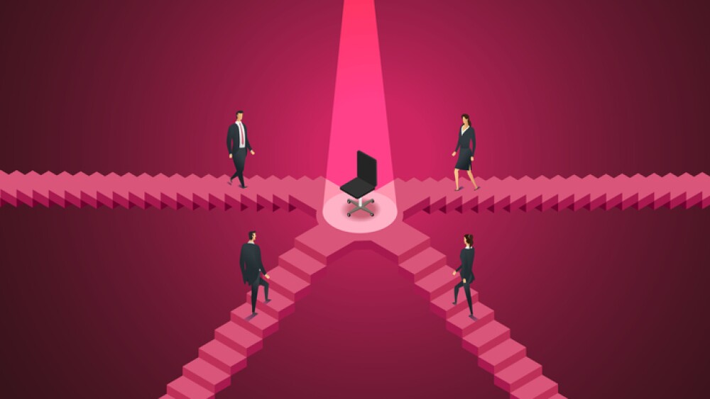 Businessperson group is walking towards career success or a vacant promotion competition. isometric vector illustration.