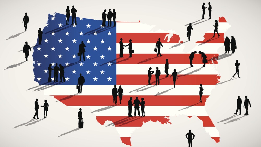 Illustration showing businesspeople on an American flag