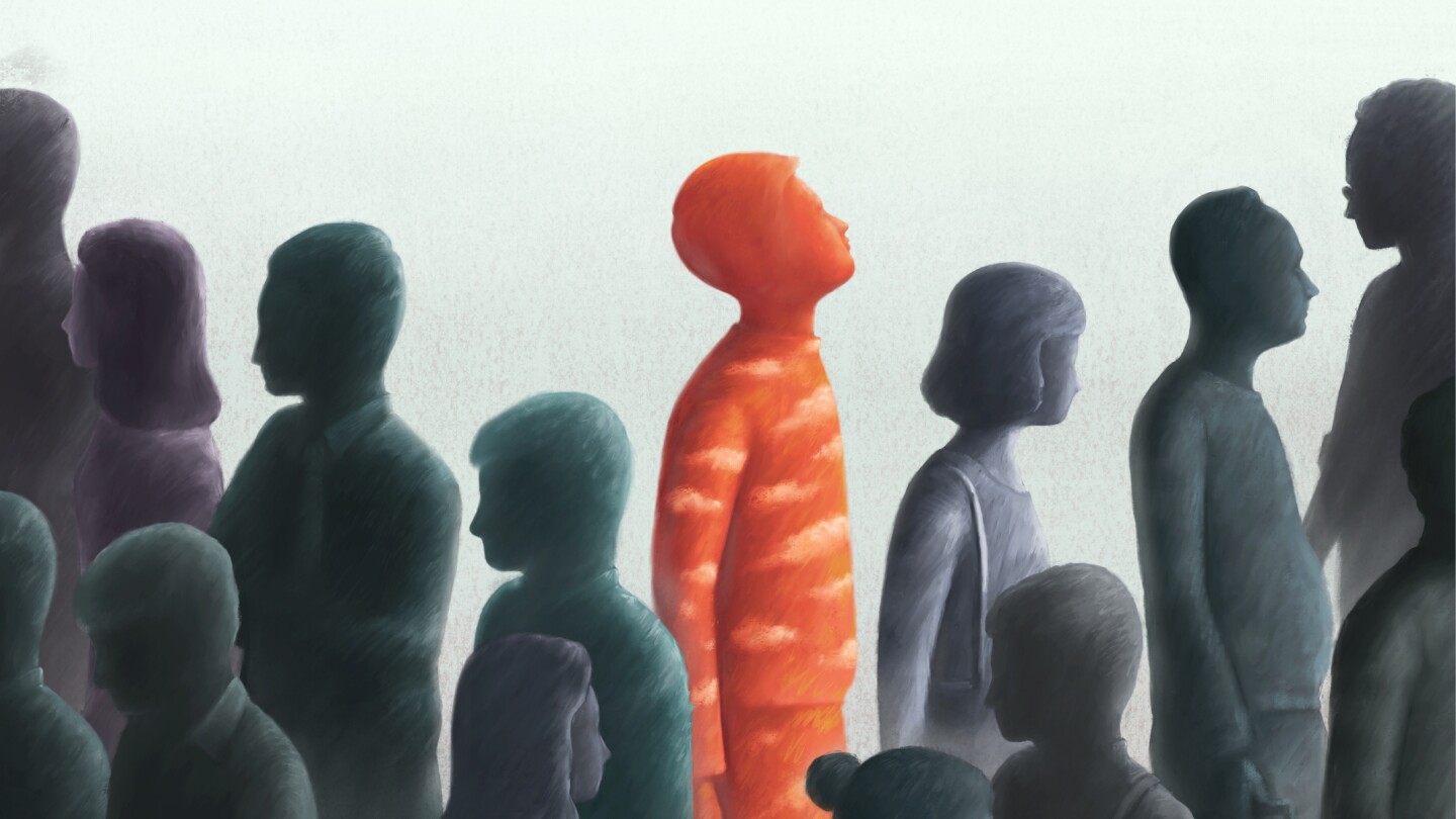 Unique contrast freedom hope leadership concept, red man looking at sky from the crowd, surreal painting illustration