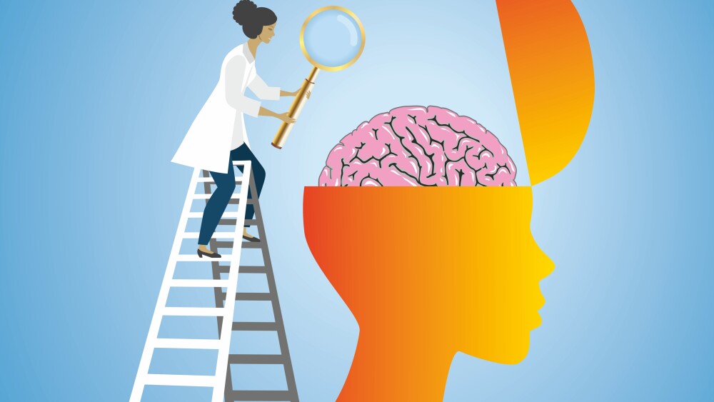 Woman, physician, doctor with magnifying glass standing on ladder. Square composition. EPS10.