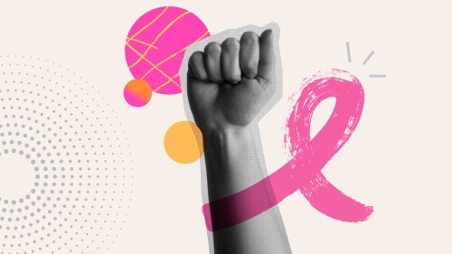 Breast Cancer awareness month card illustration. Pink ribbon and hand fist up power in retro collage craft style. Design concept for disease prevention or october support campaign.
