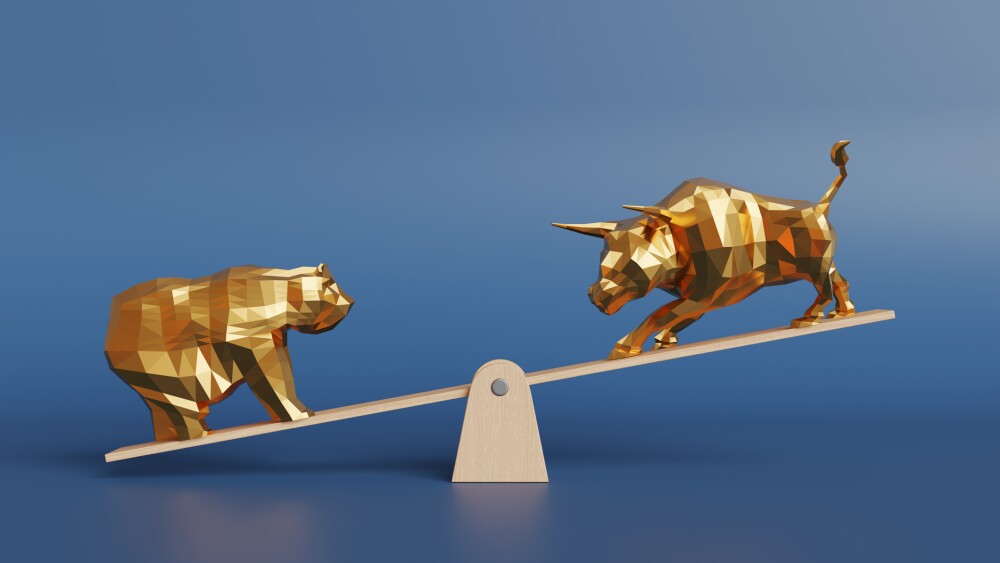 Gold bull and bear on each side of a wooden seesaw in gradient blue background. Illustration of the concept of bullish and bearish market, change of stock prices and risk of investment