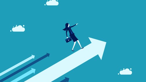 Businesswoman manager raised pointing growth direction on arrow. business and investment concept. vector illustration eps