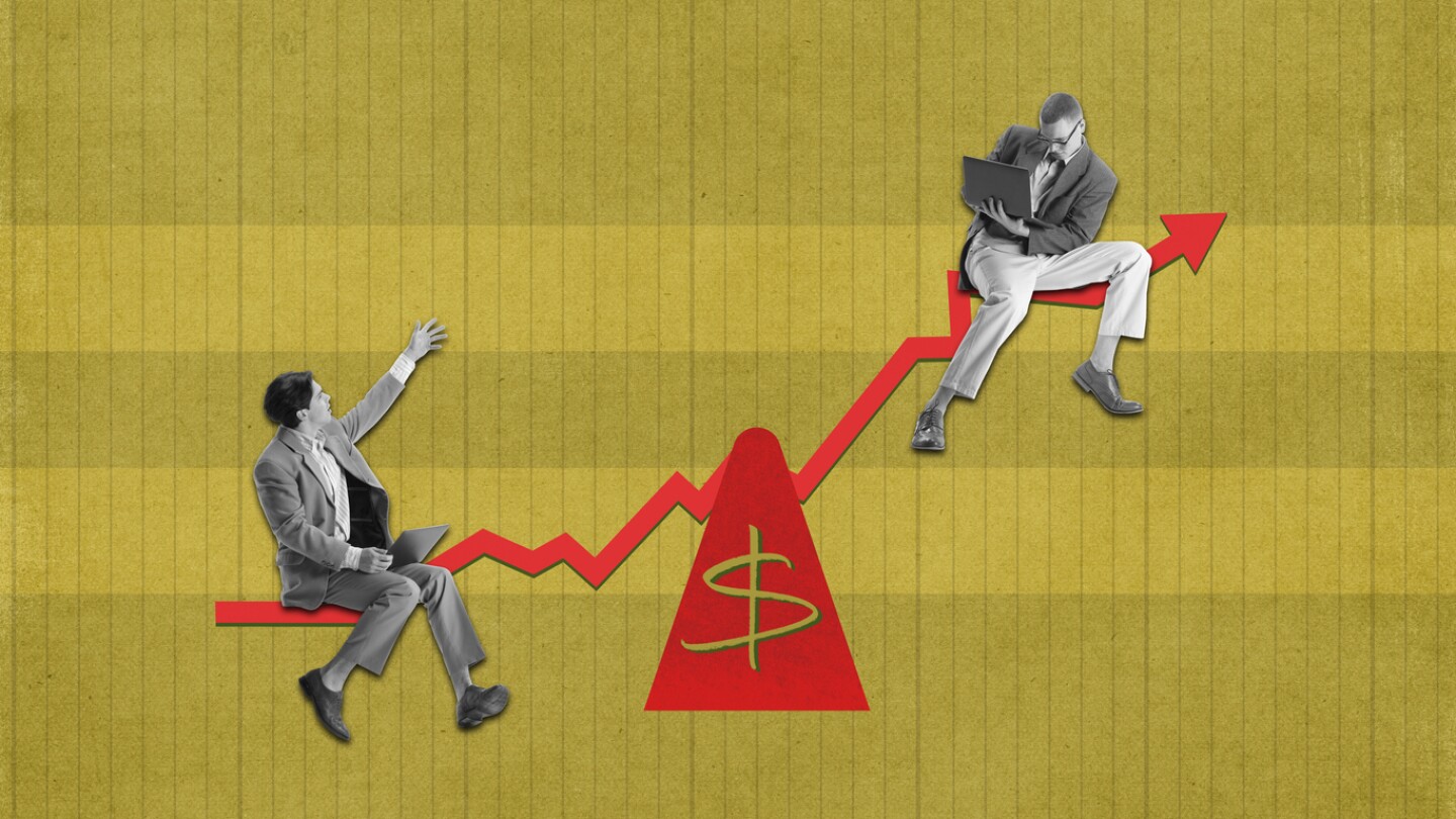 Contemporary art collage. Conceptual design. Making financial strategy. Employees sitting on company graph, creating analytics. Way to financial growth. Concept of business, brainstorming, team