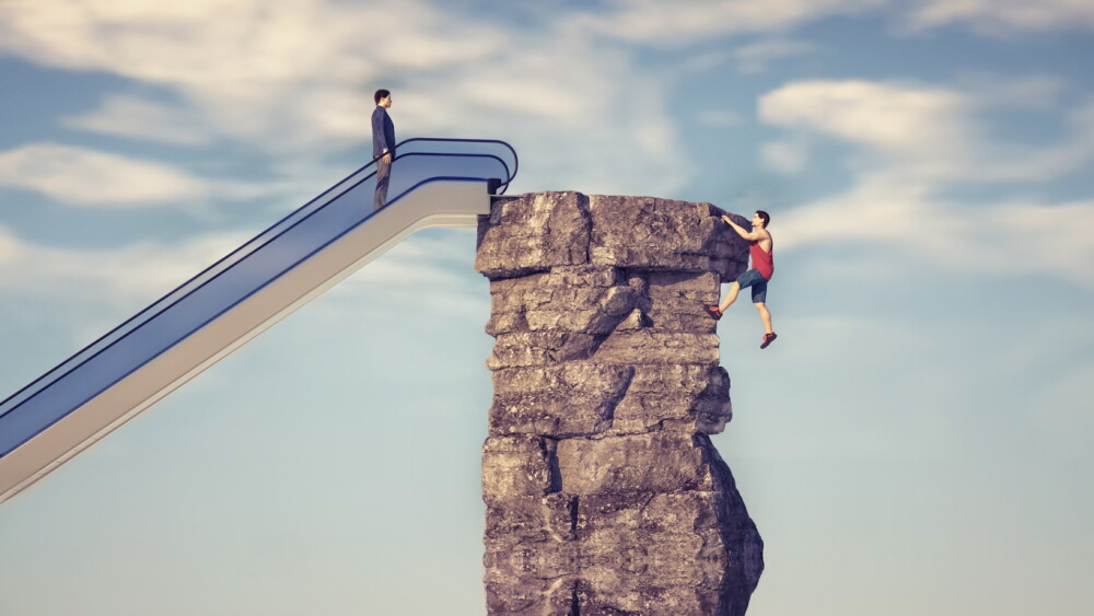 Two man climbing on a rock. Work smart not hard concept. This is a 3d render illustration.