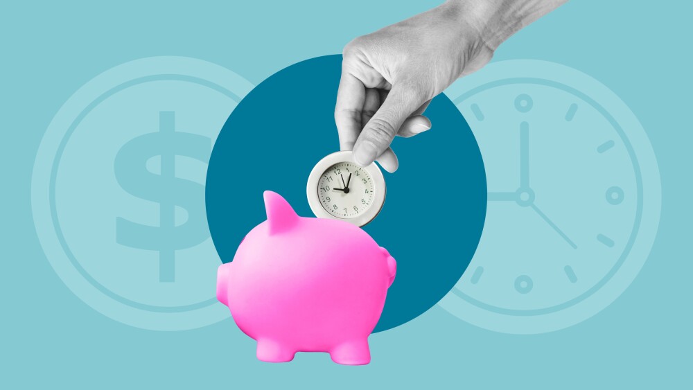 Time to earn. Time is money. Time Management. The hand is putting the clock as coin to piggy bank.