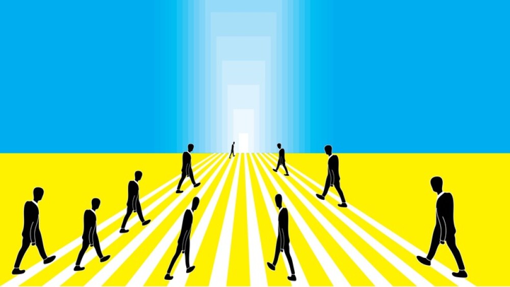 Illustration silhouette people walking toward the destination of light with white line on yellow and blue empty background.