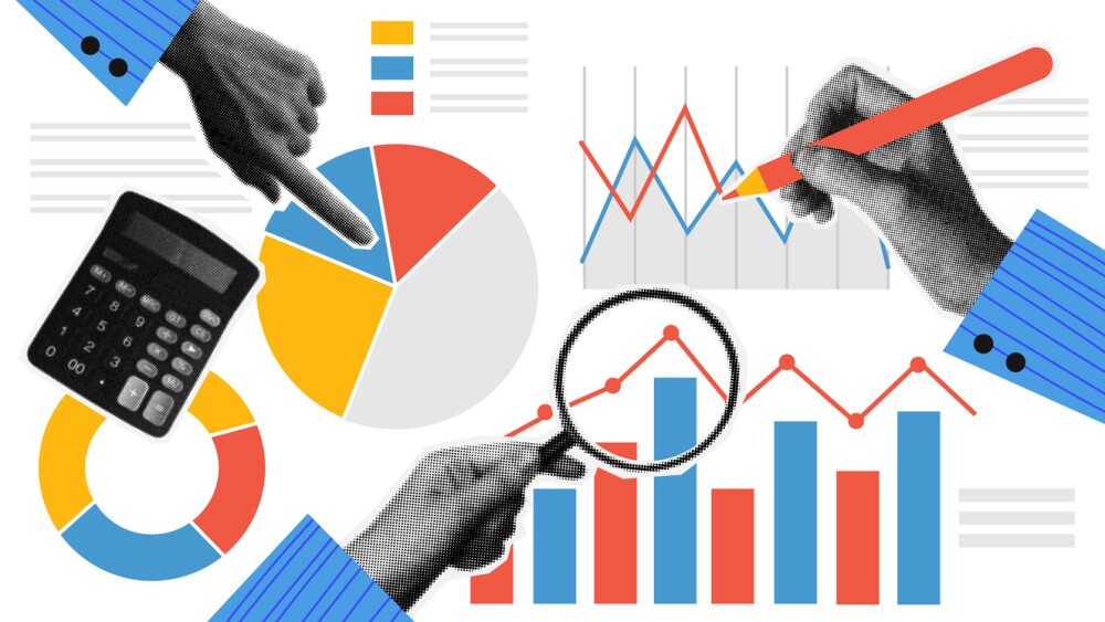 Illustration showing hands with graph and diagram in trendy vintage style as a concept of analytics