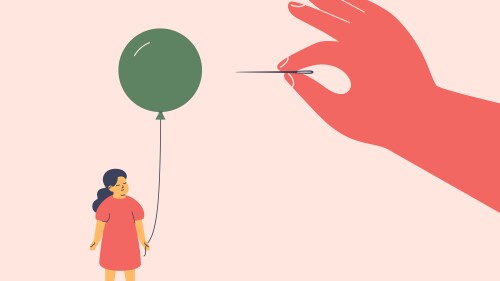 Adult hand intends to puncture a balloon held by a girl. Child neglect and suppression dreams and wishes of kid. Parental control and authoritarian nurturing. Psychological abuse and domestic violence
