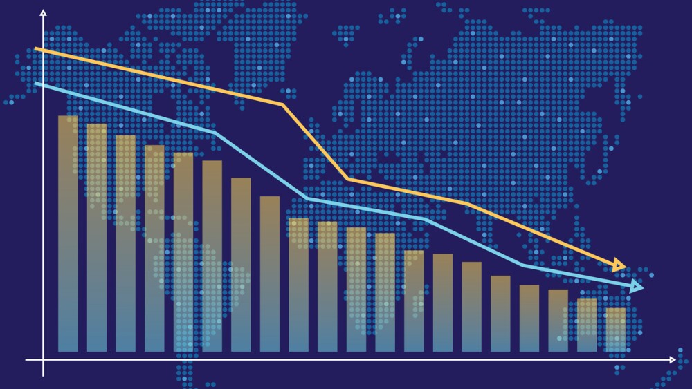Illustration of chart showing decrease against background of map