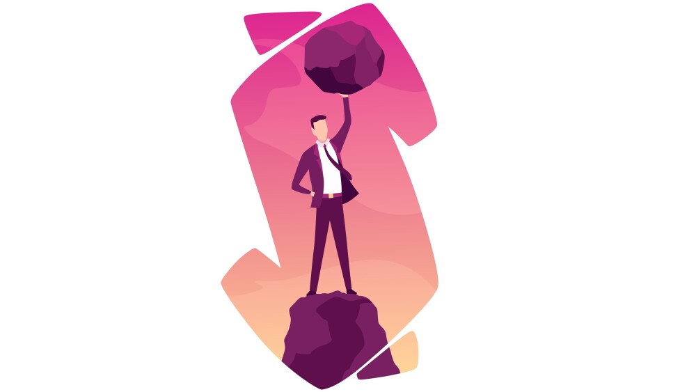 Businessman with boulder vector illustration. Stressed mans carry heavy stone in hands overwhelmed with problem or task. Crisis problem of business people, burden, challenge, conquering concept stock illustration