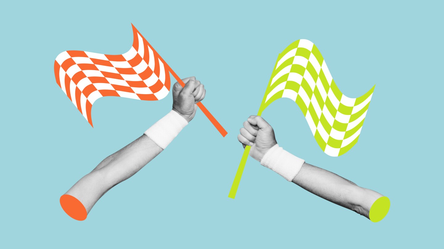 Composite photo collage of business people hands hold checkered flags success finish vote competition isolated on painted background.