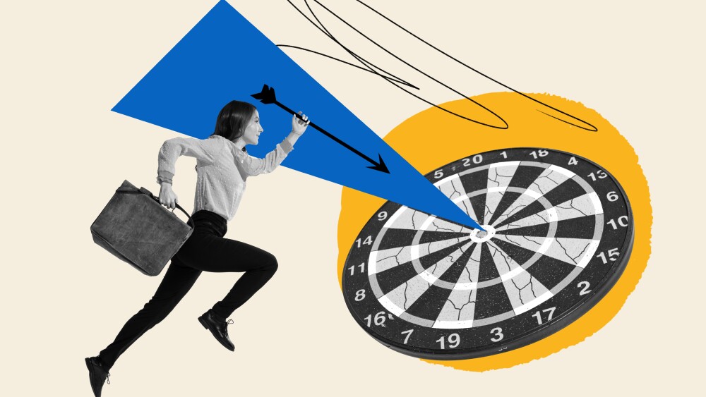 Contemporary art collage. Conceptual design with young woman, motivated employee running forward to reach goal, professional success. Concept of business, career development, achievement