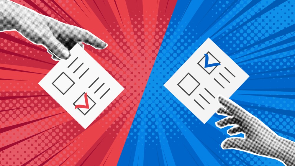 Fight versus pop art comic red blue background with halftone, rays, hands holding paper. Vector cartoon illustration in retro style. Design for comic book, poster, banner, competition