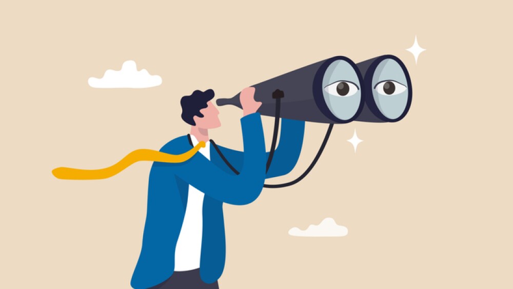 Observation, search for opportunity, curiosity or surveillance, inspect or discover new business, job search or hr finding candidate concept, curious businessman look through binoculars with big eyes.