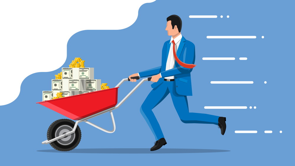 Businessman pushing wheelbarrow full of money. Wheel barrow full of gold coins and dollar banknotes. Growth, income, savings, investment. Symbol of wealth. Business success. Flat vector illustration