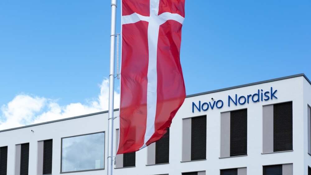 Novo Nordisk advertising flags and logo on facade