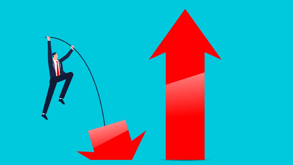 Changing or transforming, turning around, challenging the odds and conquering adversity, a businessman pole vaulting from the down arrow to the up arrow of growth