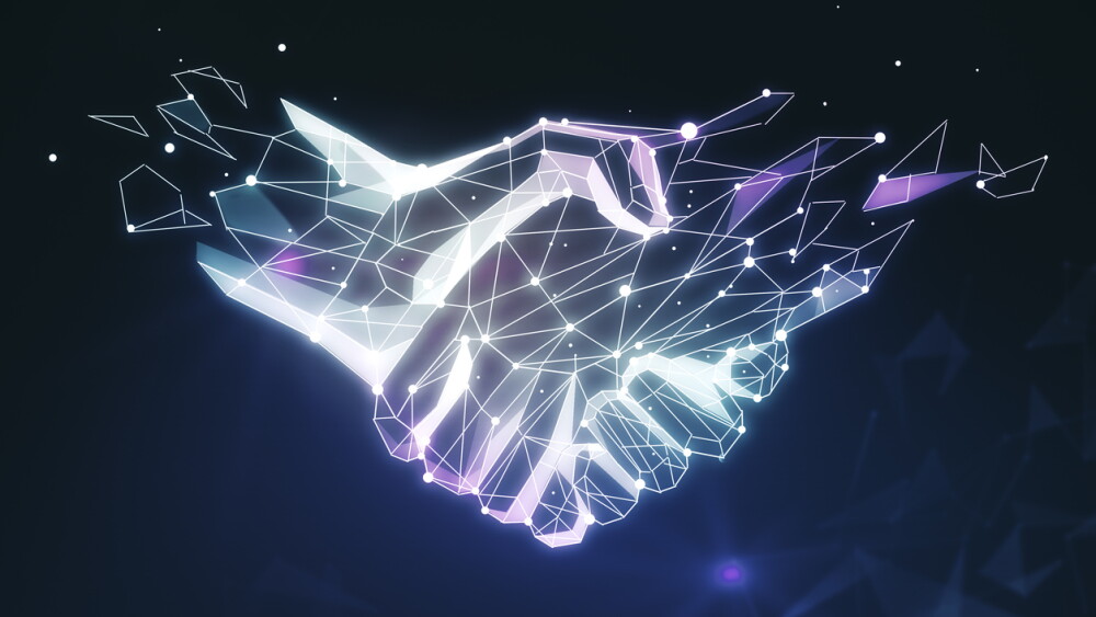 Abstract polygonal handshake on dark background. Teamwork concept. 3d rendering