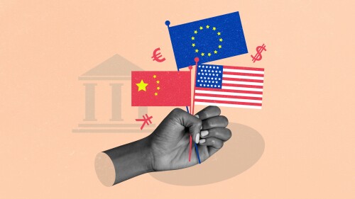 Exclusive magazine collage image of hand hold flag yuan euro dollar currency trade war bank usa europe china economy embargo.