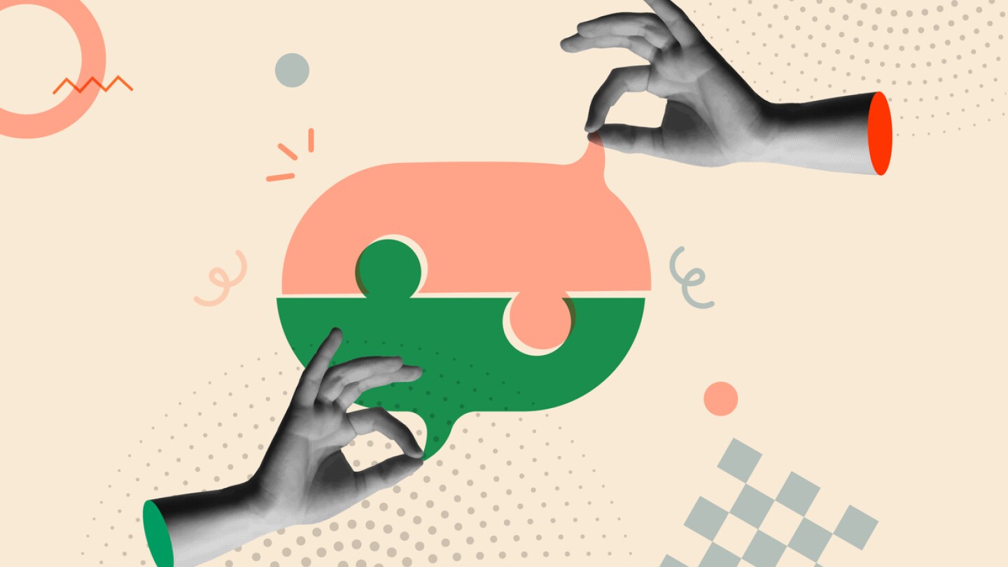 Speech balloon conversation in puzzle shape vector illustration card. Human hands exchange information in retro 80s collage vector illustration. Concept of success in communication, support, cooperation; new projects, professional growth.