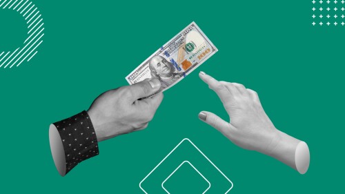 Dollars as a global currency, loan, credit, and payment concept. A hand offering 100 US dollars. Minimalist art collage