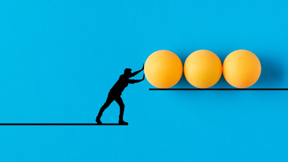 Working man icon pushing the load on the line. Hard work, labor, effort and determination concept.