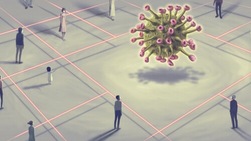 Corona virus, Covid-19 and social distancing concept surreal artwork, painting illustration, lonely with floating virus, illustration