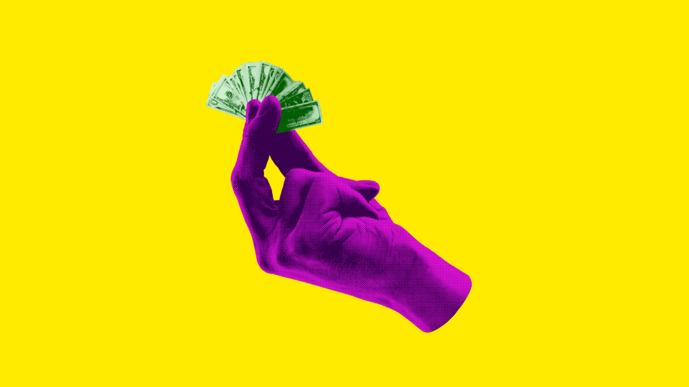 Contemporary art collage. Purple hand holding fan of dollar bills against bright yellow background. stock photo