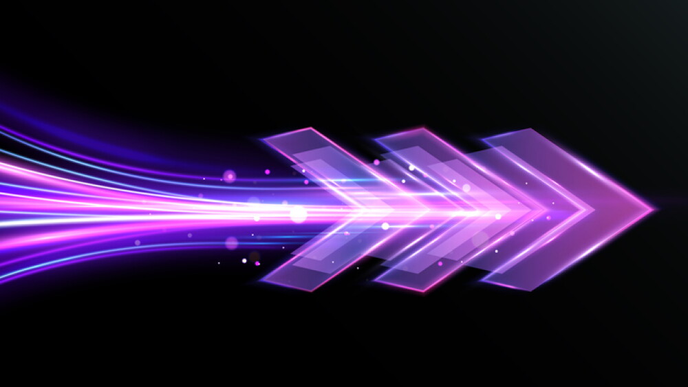 Purple neon arrow with glowing light trails and dynamic motion effect on dark background