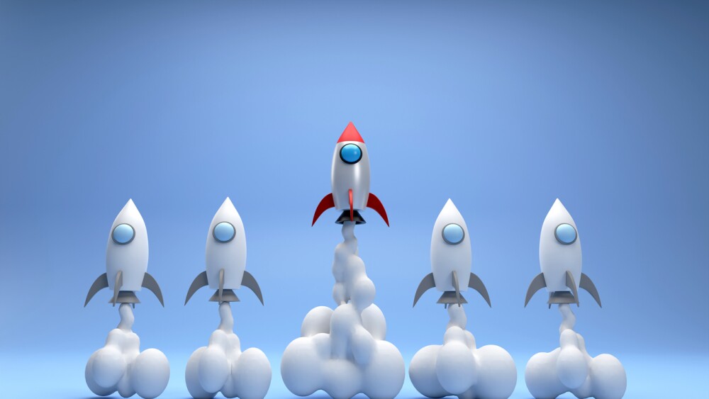 3D. rocket soaring. Different rockets fly high and stand out. different from others, concept startup idea, new generation, faster work better