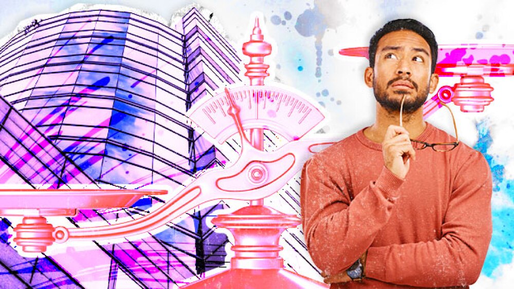 Pictured: Collage of man contemplating employment